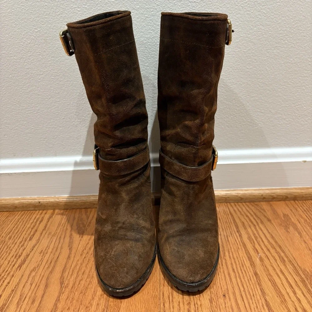 Ralph Lauren Collection Purple Label Dark Brown Suede Buckle Boots Sz‎ 36B